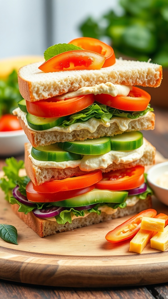 Delicious Veggie Sandwich Recipe A vibrant veggie sandwich with lettuce, tomatoes, cucumbers, bell peppers, avocado, on a wooden board with veggie sticks.